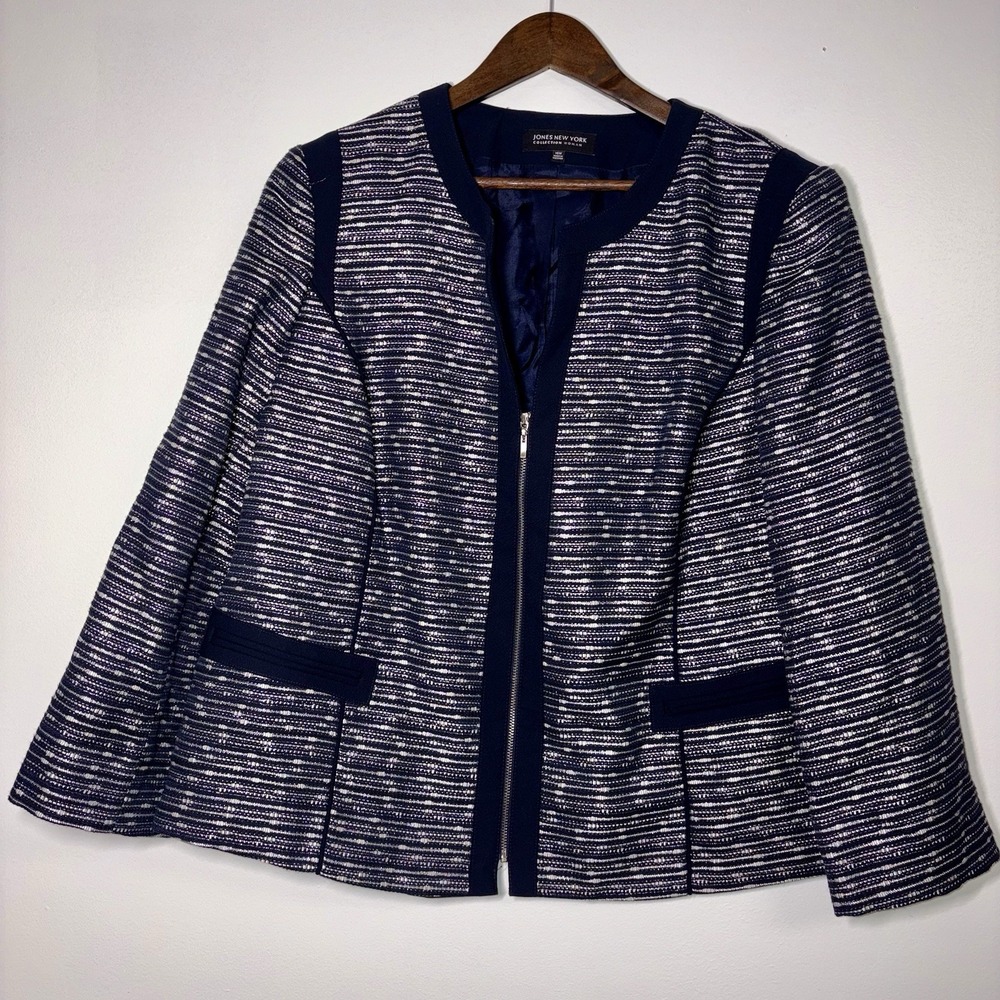 Jones New York Navy Silver Textured Blazer Career Zip Front 16W Professional